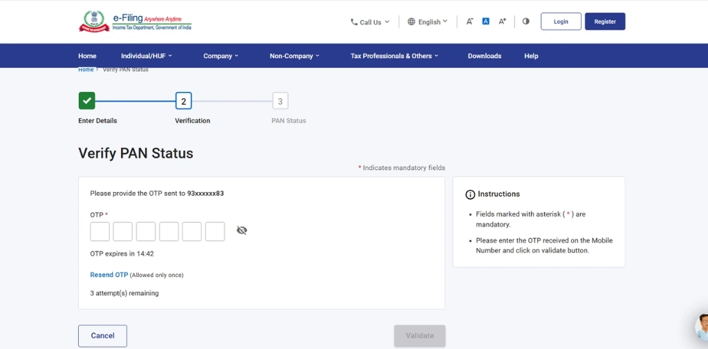 submit otp for verify pan status