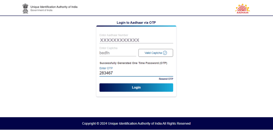 Login in Aadhaar Portal