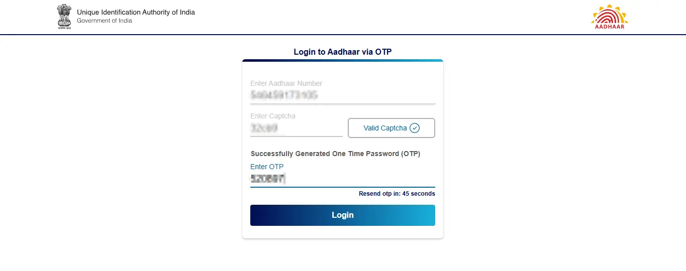 Fill up Aadhaar Number and OTP